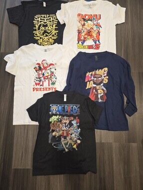Set of 5 Graphic Tee Shirts - Anime & Sports Prints - White, Black, Navy